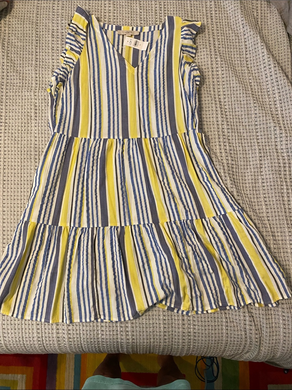 LOFT Yellow and Blue Striped V-Neck Tiered Dress